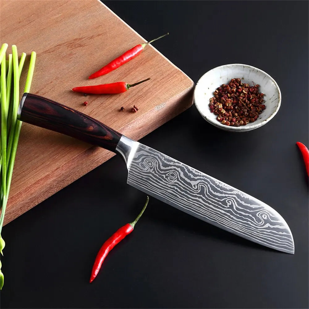 Carbon Steel 7 Inch Santoku Kitchen Knife for Home Restaurant Razor Sharp Japanese Chef Ergonomic Handle