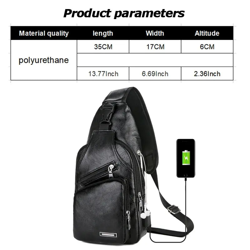 Sac de poitrine de chargement USB avec trou pour casque, sac de poitrine antivol multifonction à sangle unique pour hommes avec bandoulière réglable