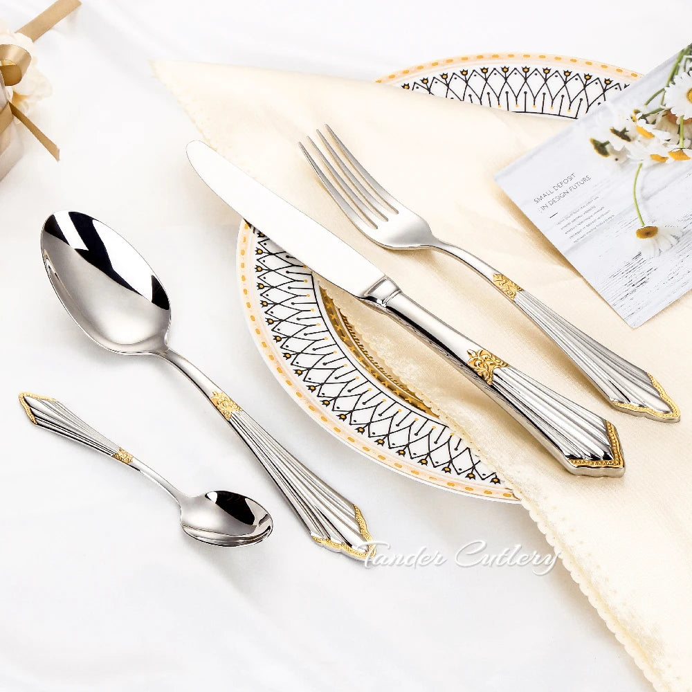 8/12/16/20/24Pcs Gold Plated Cutlery Stainless Steel Tableware Luxury Dinner Set Sliver Knife Fork Spoon Mirror Kitchen Utensils