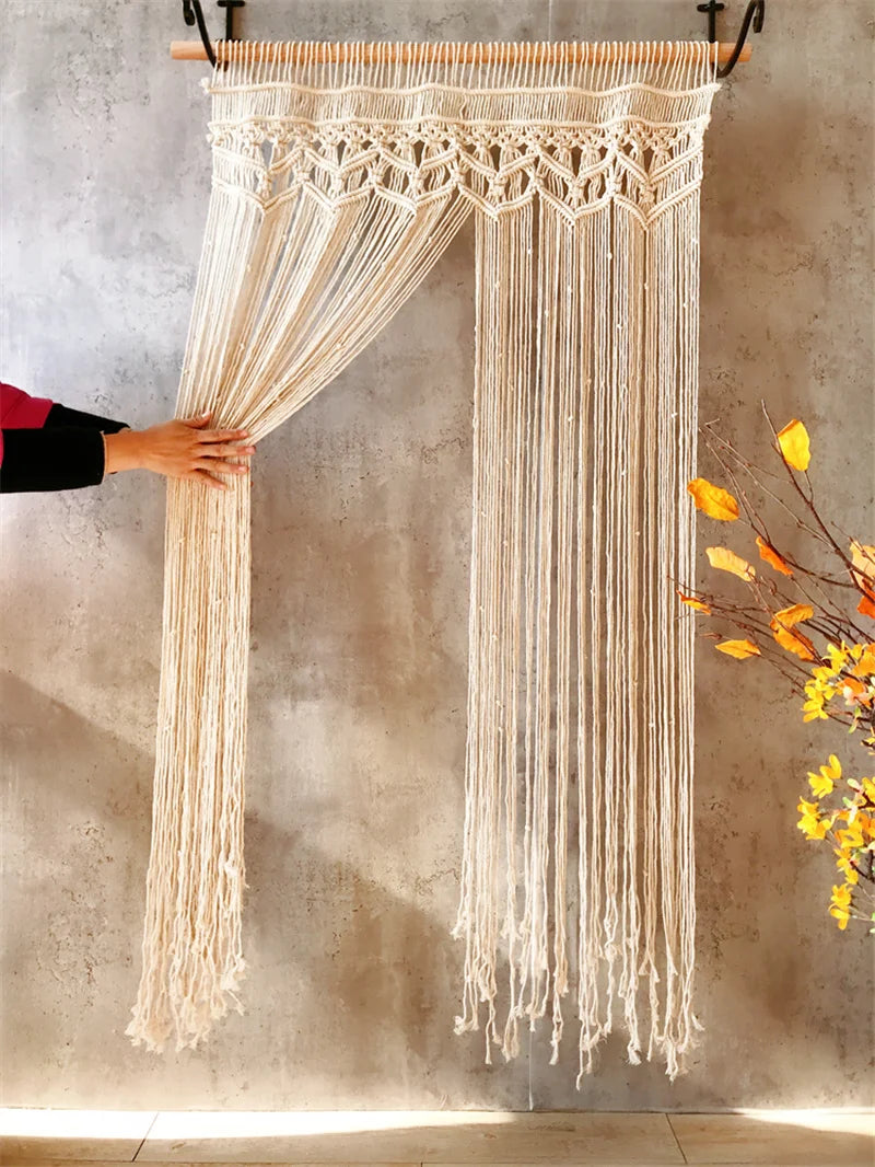 Tapiz de cortina de ventana de puerta de algodón de macramé bohemio tejido a mano, tapiz artístico para colgar en la pared, decoración de tapiz de fondo de boda