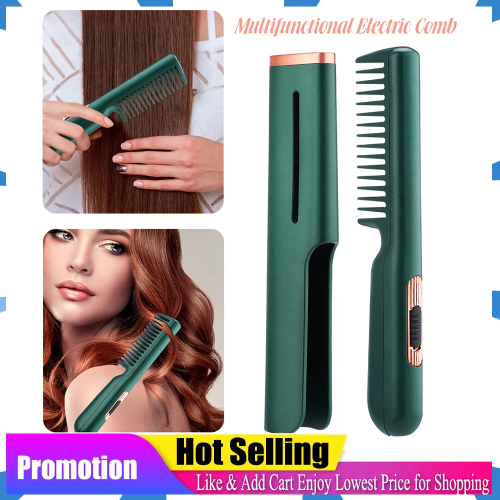 2 in 1 Hair Straightener Heating Comb USB Hair Straightening Curling Hairdressing Styling Beard Brush Unisex for Business Travel