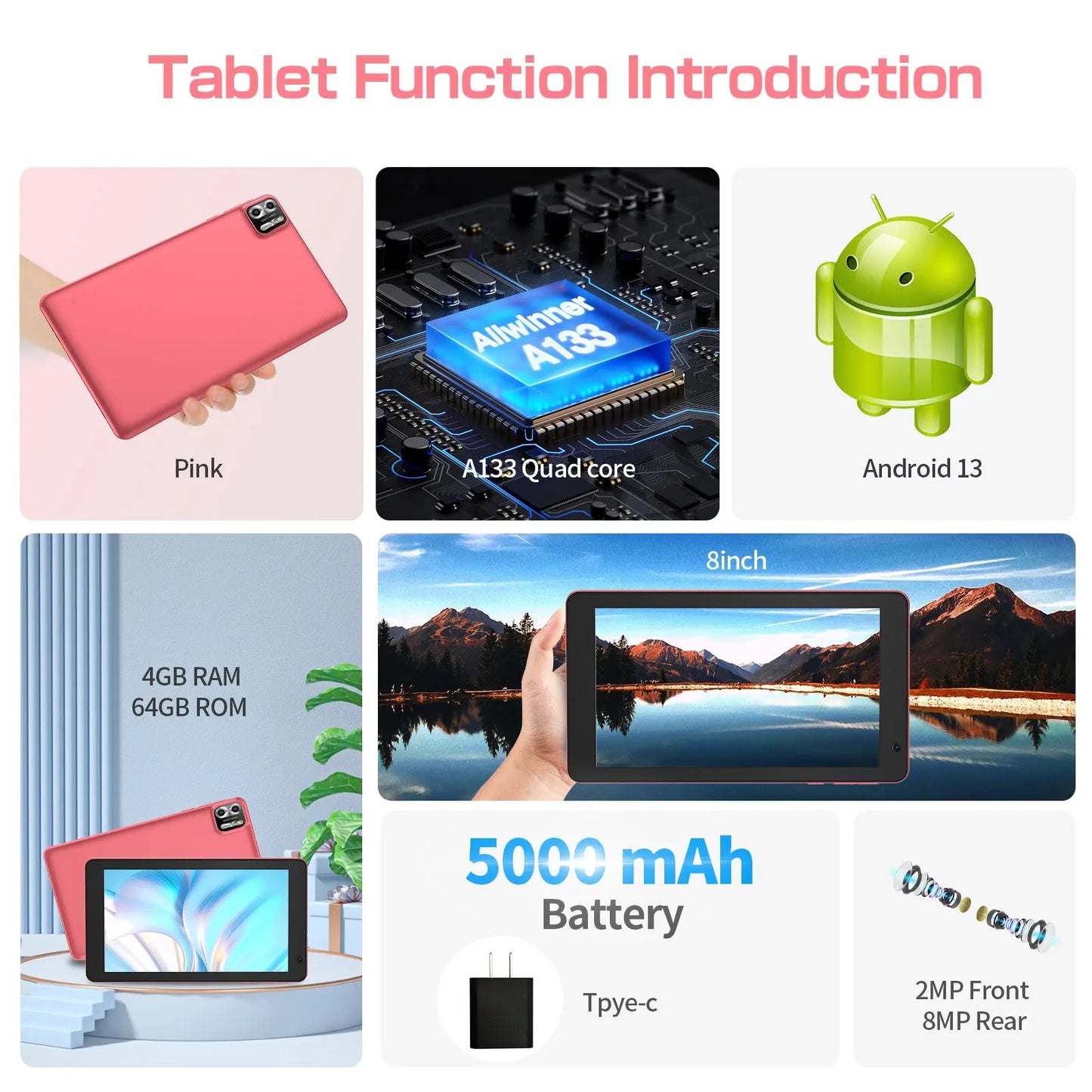 PRITOM – tablette Android 13 de 8 pouces, 8 go (extension 4 + 4) de RAM 64 go de ROM, extension de 1 to, écran IPS 1280x800, batterie 5000MAH, double caméra, WiFi