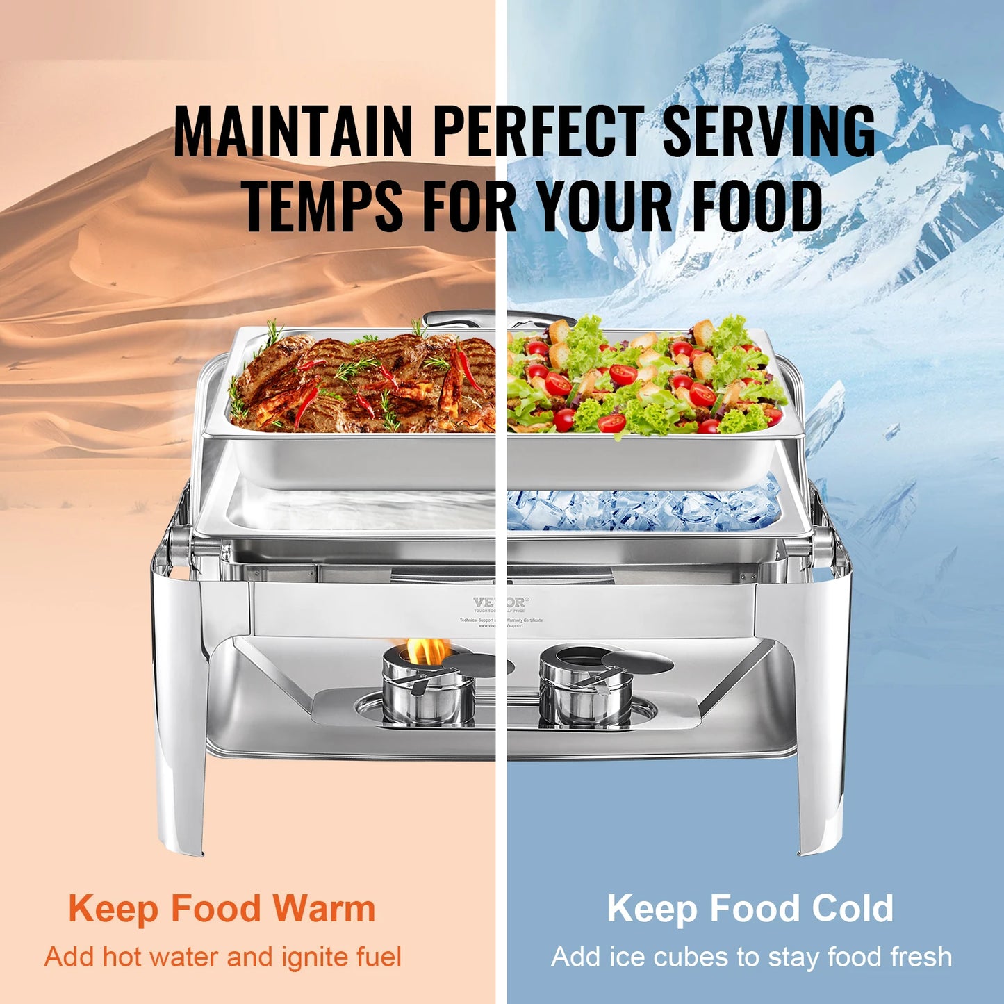 VEVOR Roll Top Chafing Dish Buffet Set 8 Qt Acero inoxidable Chafer con sartén de tamaño completo Rectángulo Catering Warmer Server con tapa