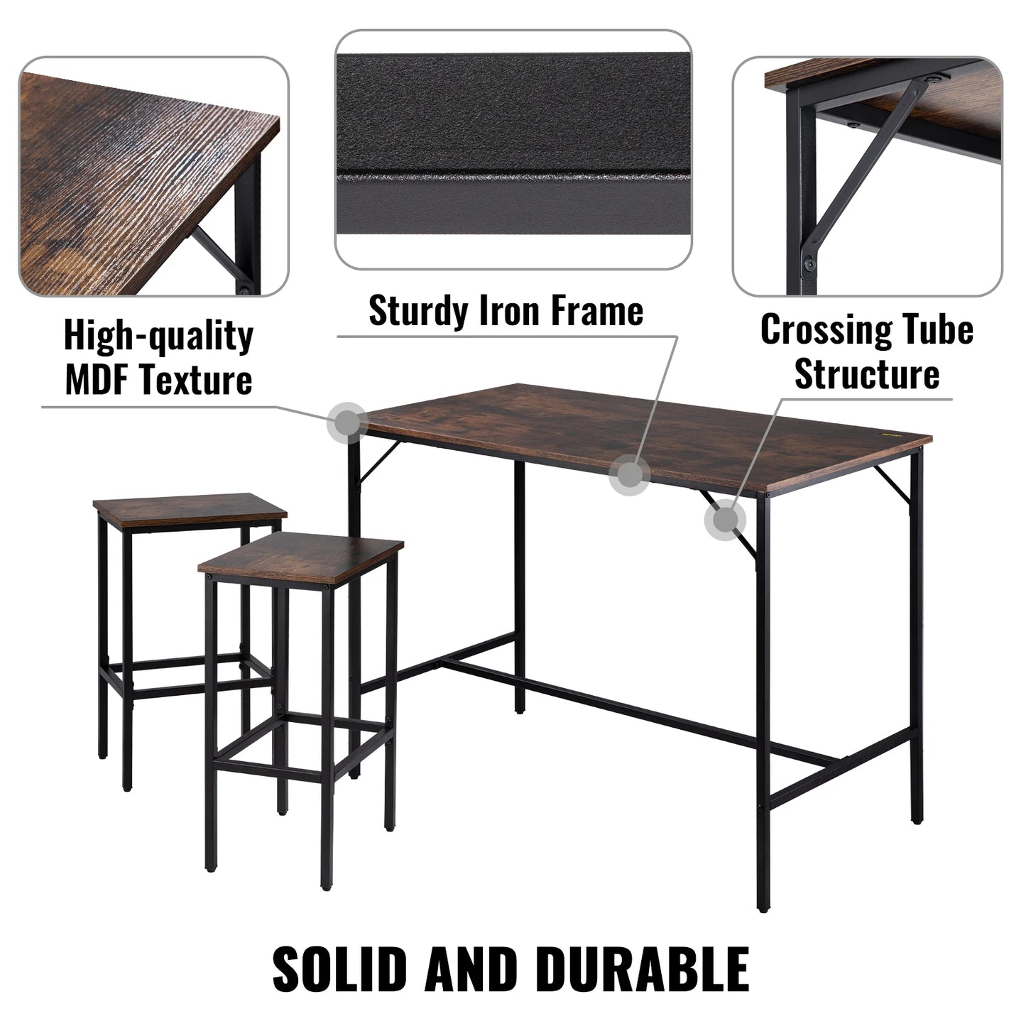 VEVOR – ensemble de Table de bar, 3/5 pièces, 39/43/47 pouces, haute avec 2/4 tabourets de Bar ronds/carrés, pour la maison, la cuisine, le salon, marron rustique