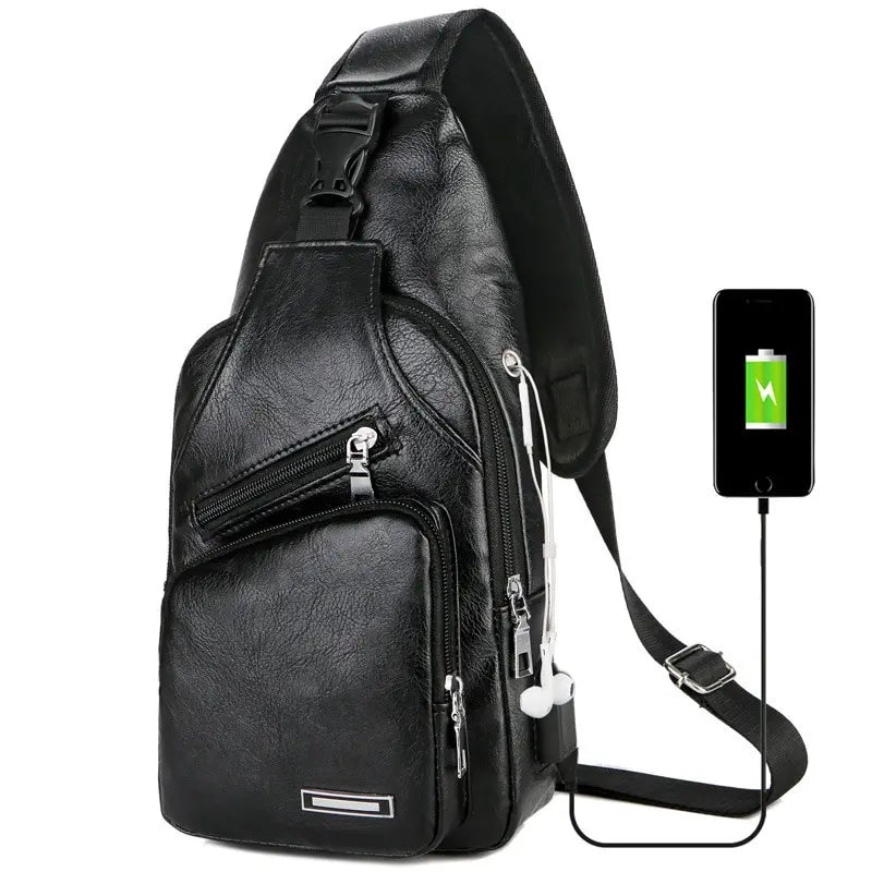 Sac de poitrine de chargement USB avec trou pour casque, sac de poitrine antivol multifonction à sangle unique pour hommes avec bandoulière réglable