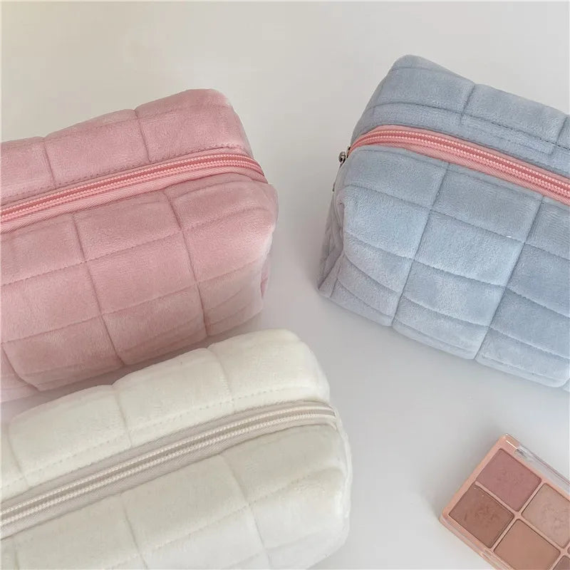 Neceser grande con cremallera de Color sólido para mujer, bolsa de maquillaje de piel bonita, neceser de viaje, bolsa de lavado, estuche para bolígrafos de felpa