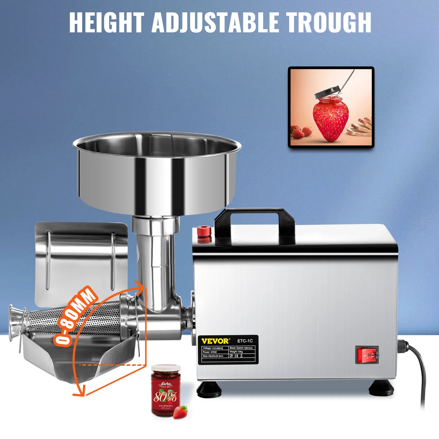 VEVOR Electric Fruit Press Strainer Machine 90-160Kg/h Commercial Food Strainer Sauce Maker Stainless Steel Tomato Milling Tool