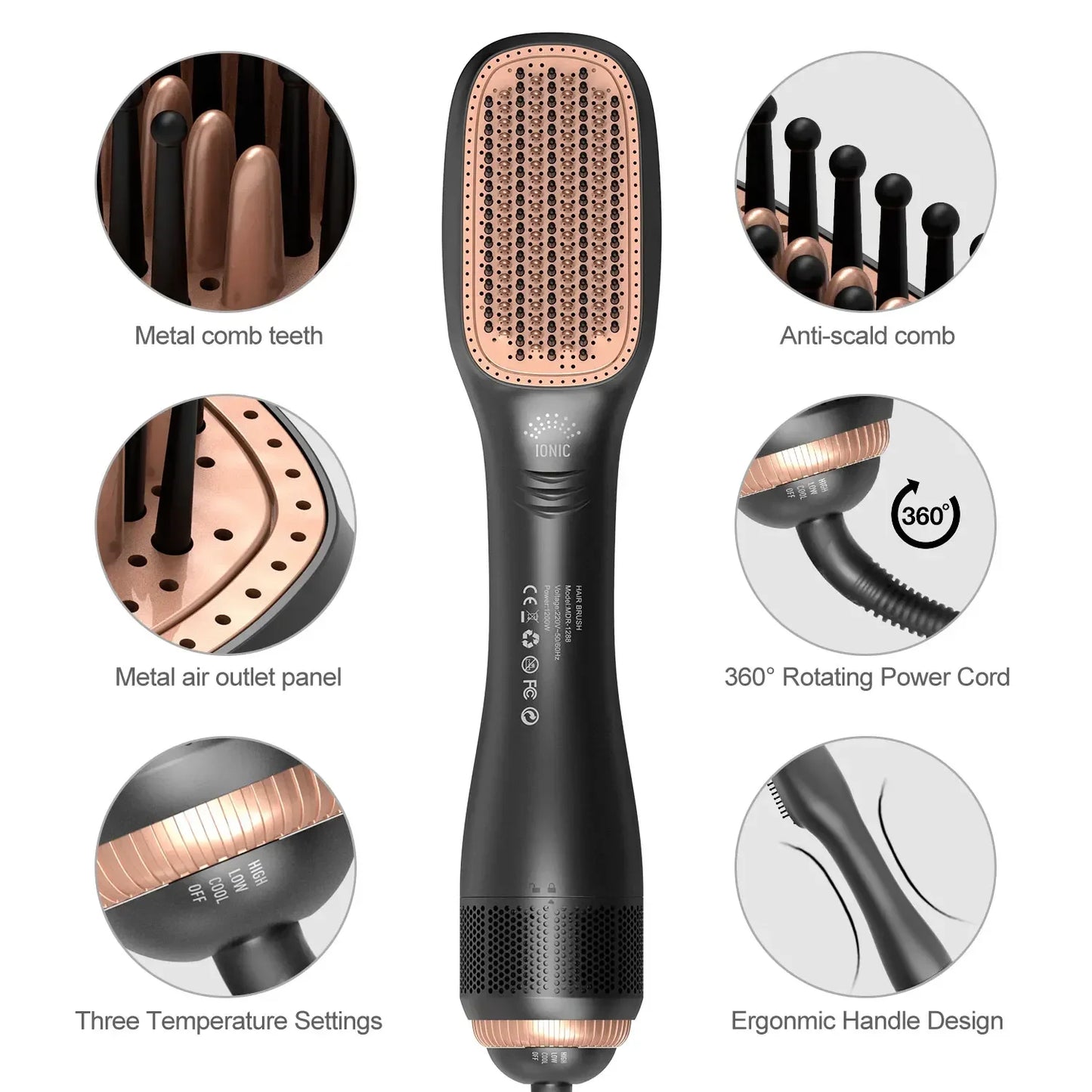 Cepillo secador de pelo 3 en 1, cepillos de aire caliente, 1200 W, potente Cerámica turmalina iónica para todo tipo de cabello, cepillo iónico