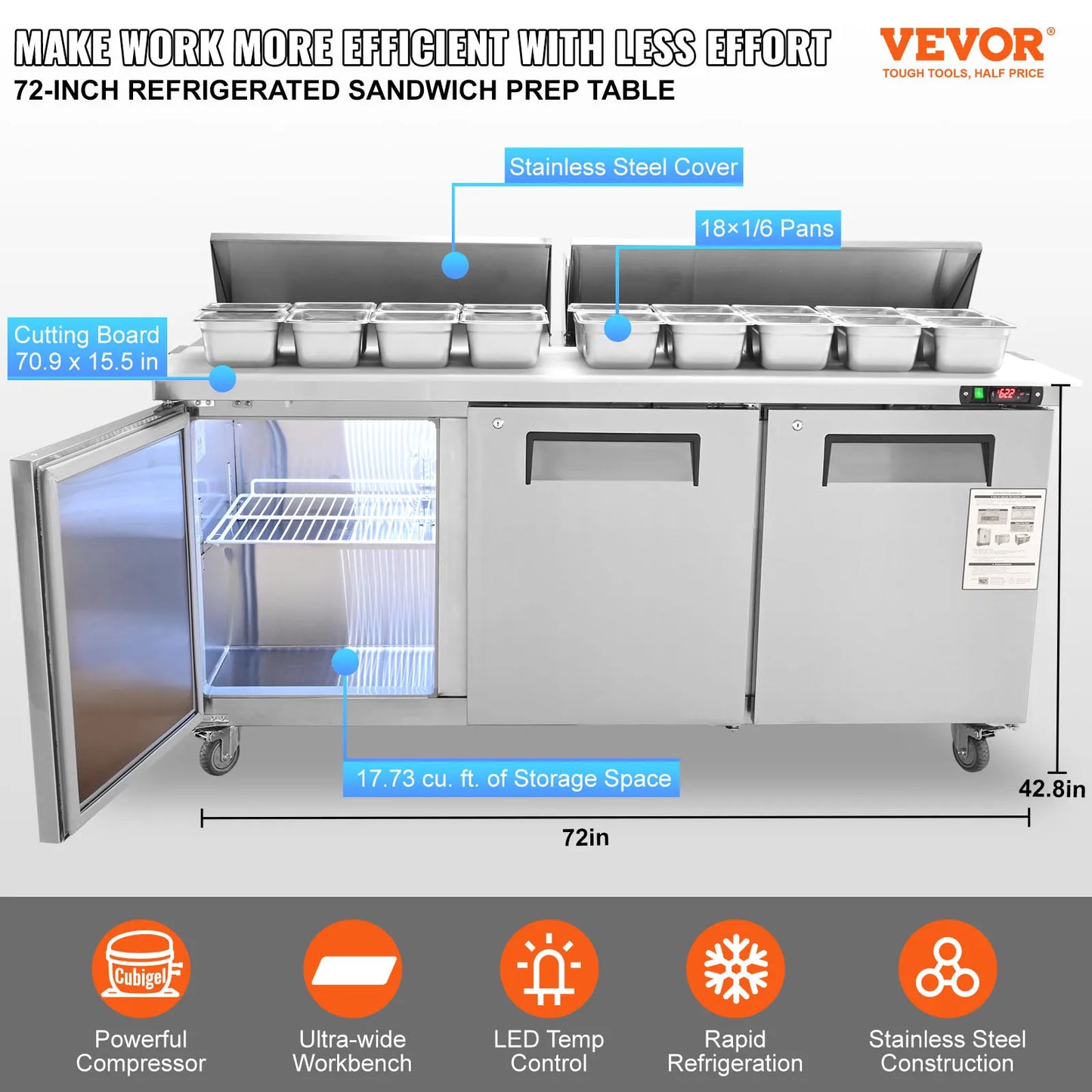 VEVOR – table de préparation de sandwichs et de salades de 72 pouces, Station de préparation des aliments réfrigérée en acier inoxydable de 17,73 pieds cubes avec 18 casseroles coupées pour Restaurant