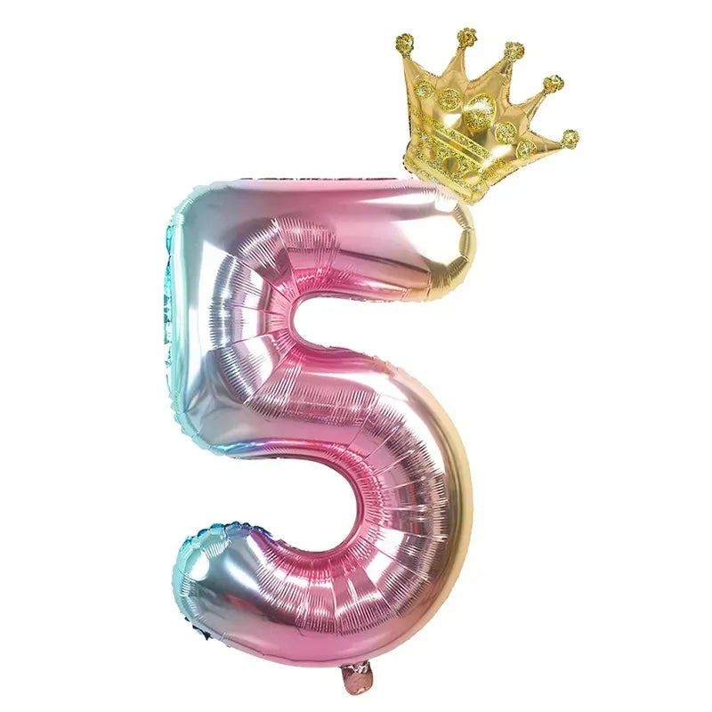 2pcs 32inch Rainbow Number Foil Balloons with Crown for Kids Boy Girl 1st Birthday Party Decorations Rose Gold Figures Globos