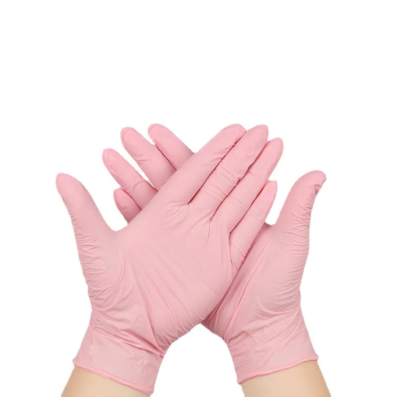 Guantes rosas desechables, paquete de 100, guantes de nitrilo en polvo, sin látex, no esterilizados, limpieza de alimentos, salón de belleza, cocina, guantes para el hogar