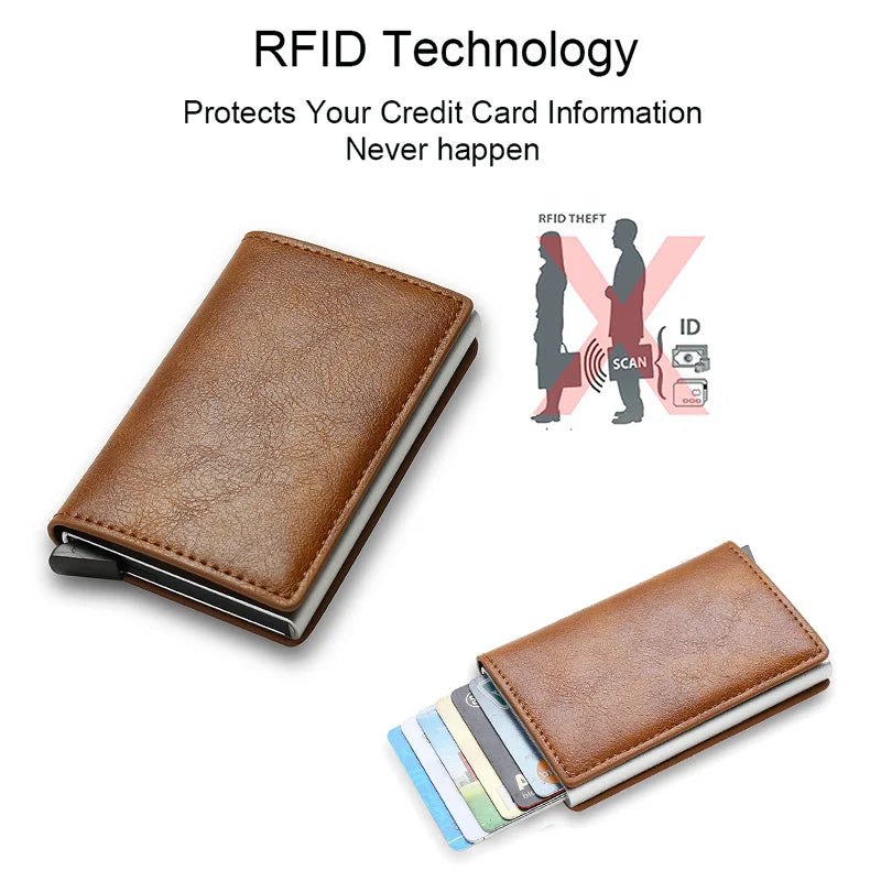 Tarjetero ANTI Rfid para hombre, billeteras, tarjetero bancario, funda pequeña de cuero delgada, Mini billetera mágica inteligente, billetera minimalista