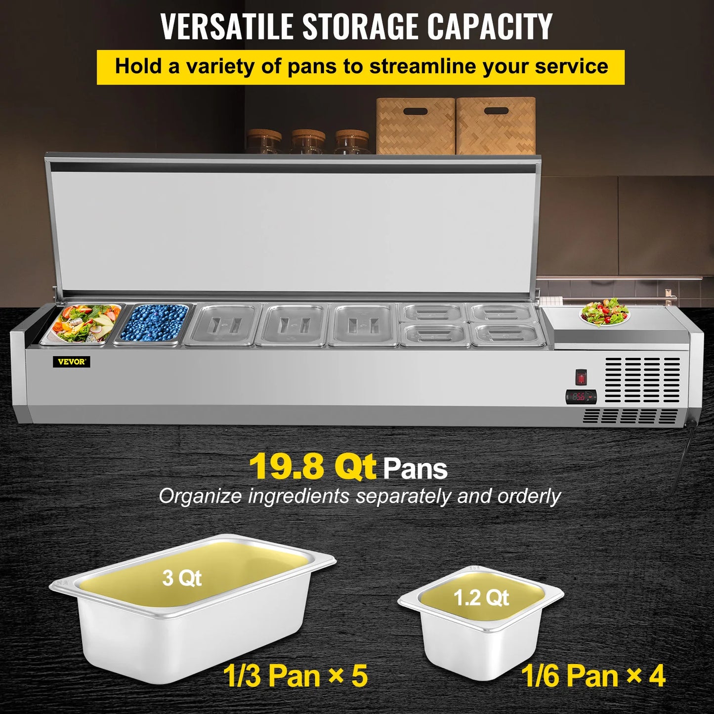 VEVOR, 40/48/55/60/71 pulgadas, mostrador refrigerado para Buffet, contenedores enfriadores comerciales de acero inoxidable para restaurante y Bar