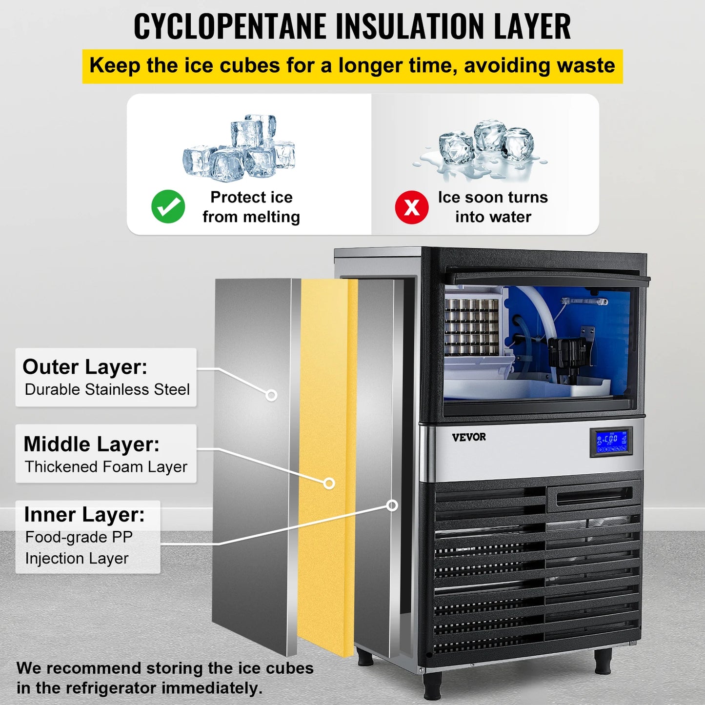 VEVOR-máquina eléctrica para hacer cubitos de hielo, 50-70 KG/24H, producción de generador, picadora de acero inoxidable para restaurantes, bares, comerciales