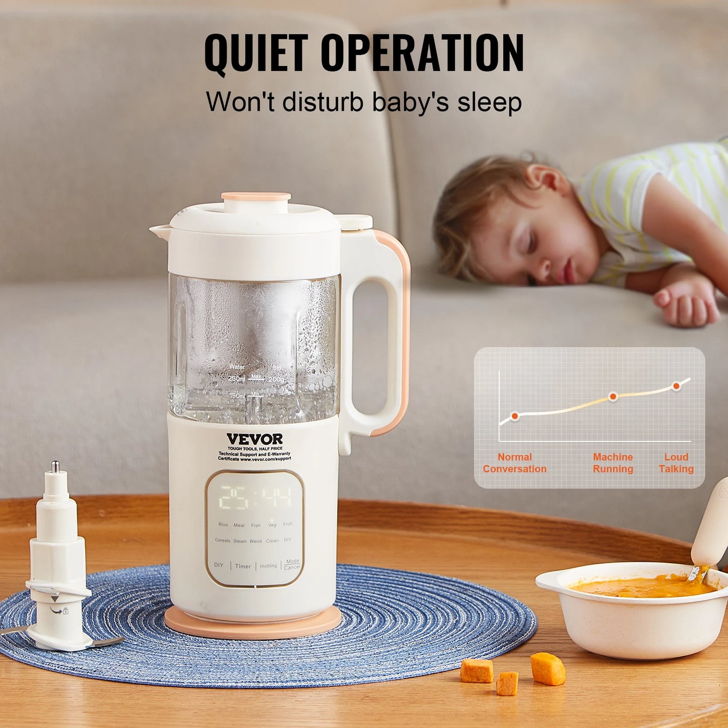 VEVOR Baby Food Maker 500W Baby Food Processor with 300 ml Glass Bowl SUS304 Stainless Steel 4-Blade Baby Food Puree Blender