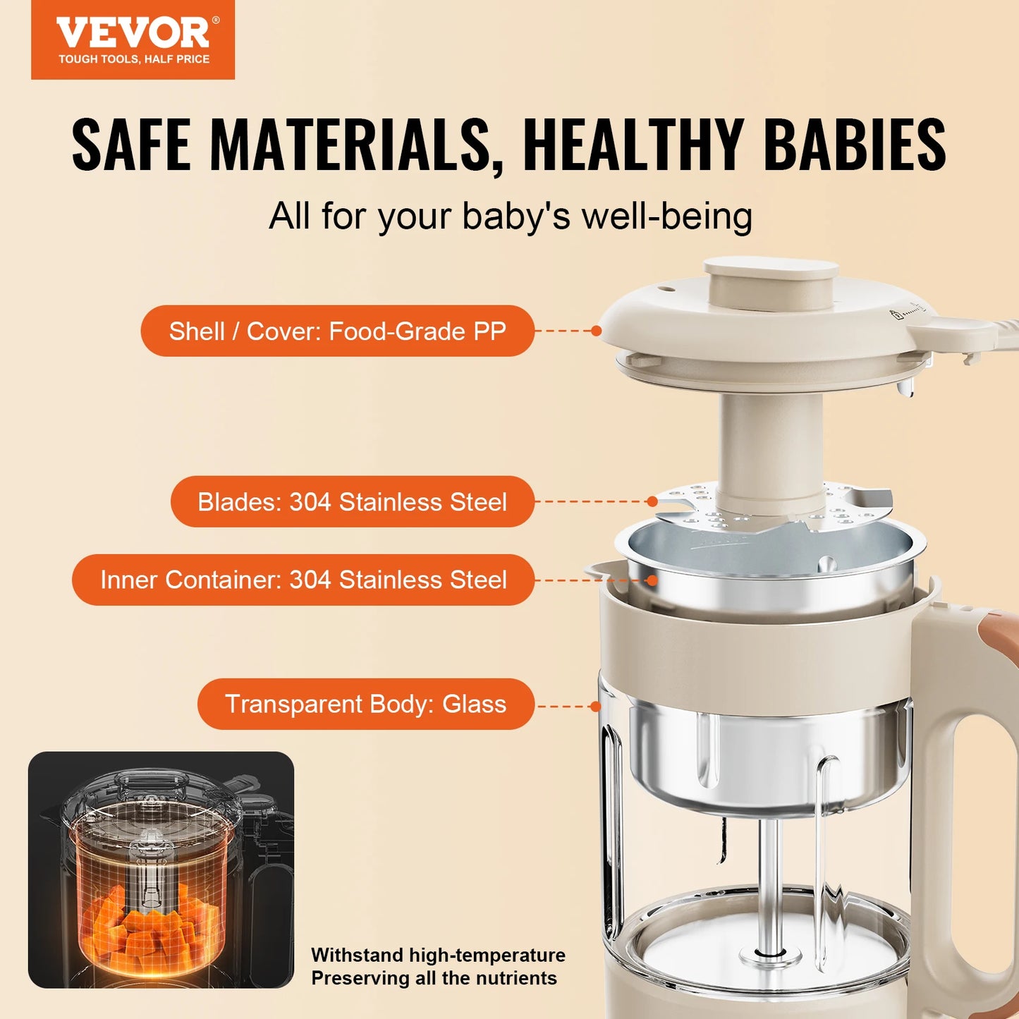 VEVOR Baby Food Maker 500W Baby Food Processor with 300 ml Glass Bowl SUS304 Stainless Steel 4-Blade Baby Food Puree Blender