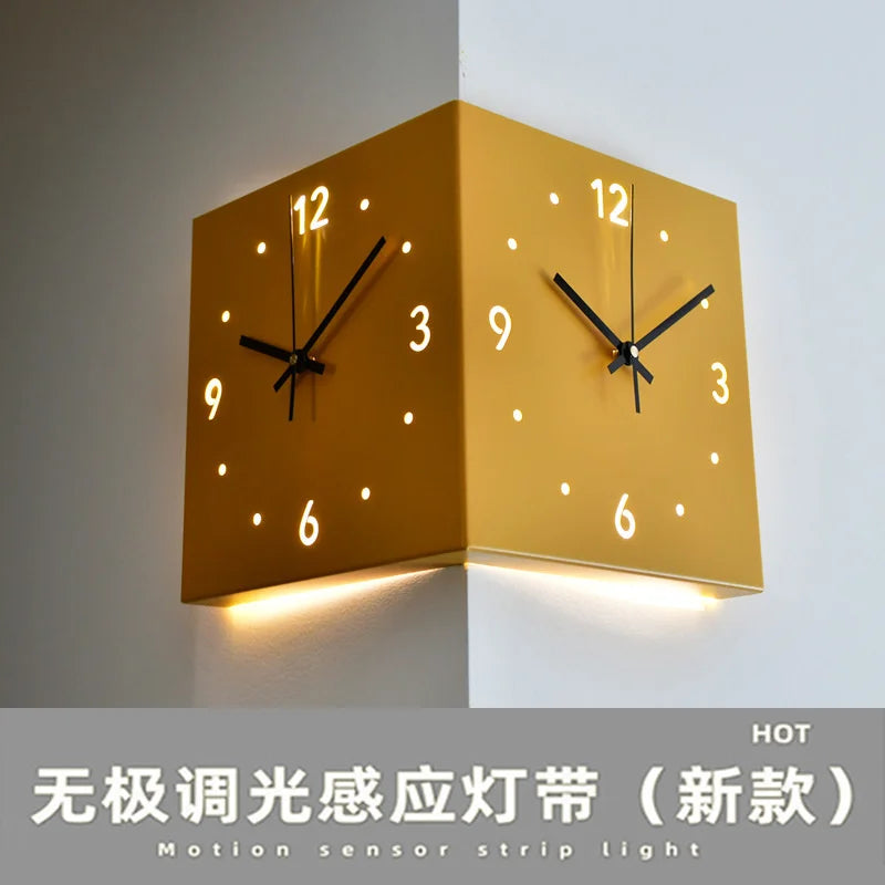 Creative Light Sensor Corner Wall Clock Square Simple Double Sided Wall Clock with Arabic Numeral Scale Analog Silent Wall Clock