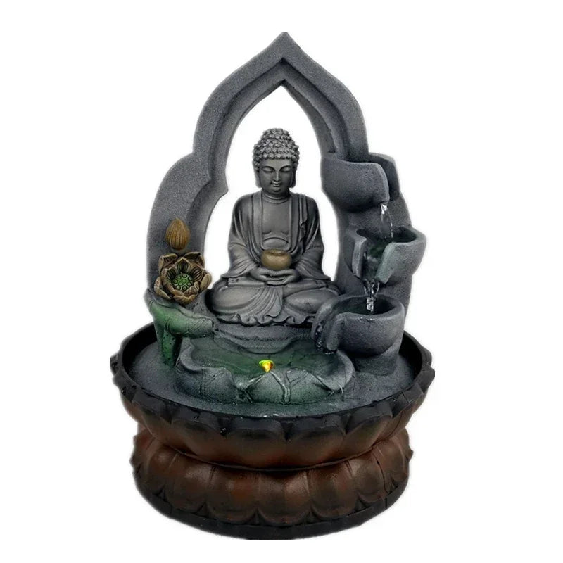 Indoor Air Humidifie Waterfall Fountain Office Tabletop Relaxation Fountain View with LED Light Lucky Feng Shui Buddha Statue