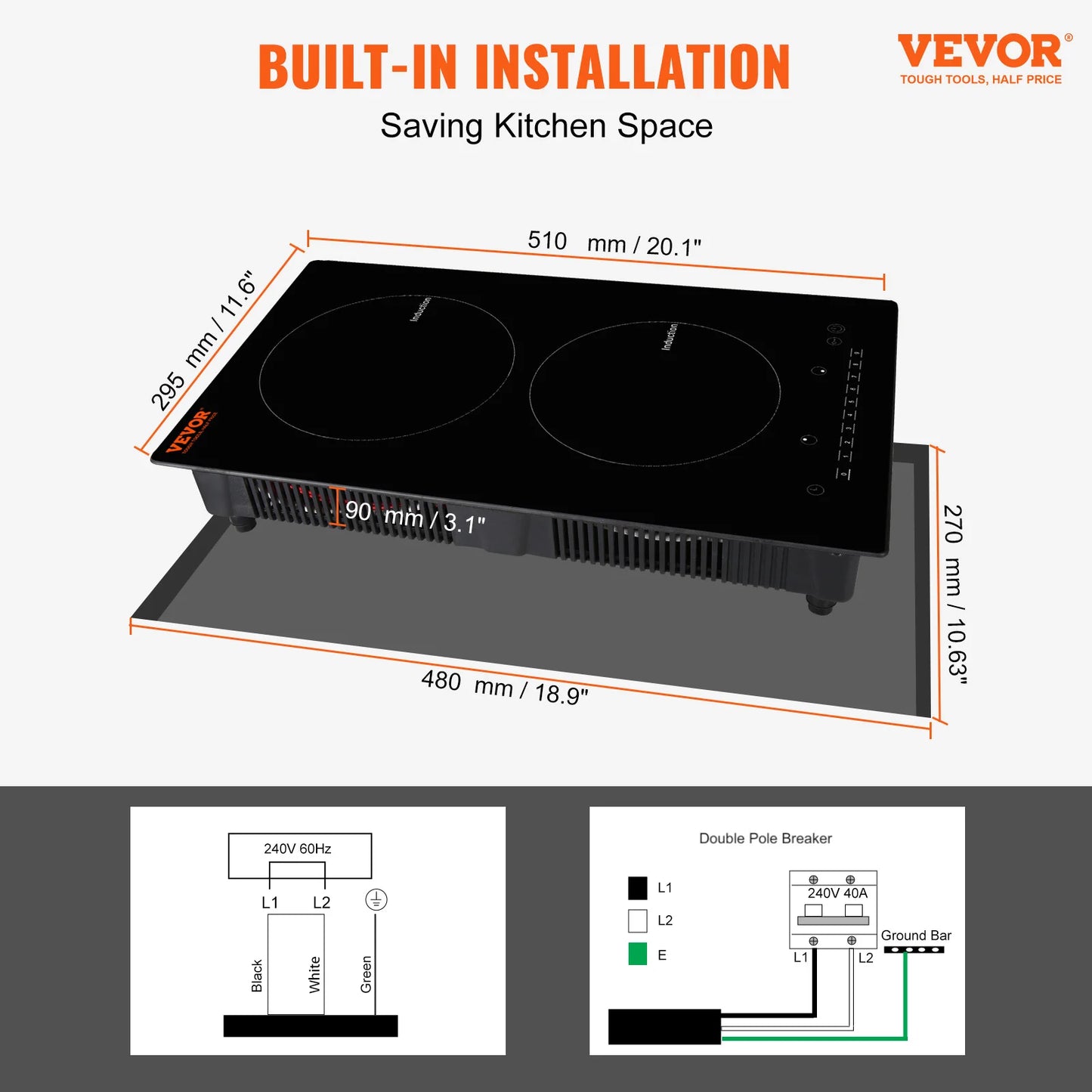 VEVOR 2 Burners Electric Induction Cooktop Stove Hob Built-in Burner Cooker Sensor Touch Control Magnetic Cooker Hot Plate