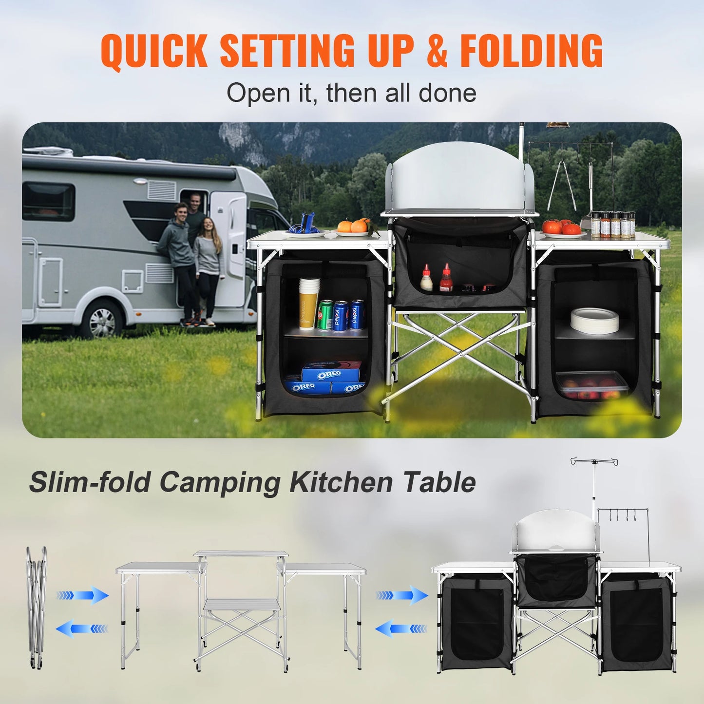 VEVOR Camping Outdoor Kitchen Table Cabinet Foldable Folding Cooking Storage Rack X-Shaped Aluminum Alloy Bracket for BBQ Picnic