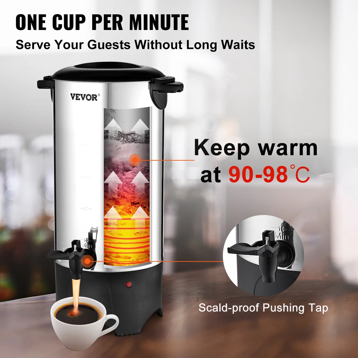 VEVOR – urne à café commerciale 50 tasses, grand distributeur de café en acier inoxydable, cafetière électrique 1000W pour un brassage rapide