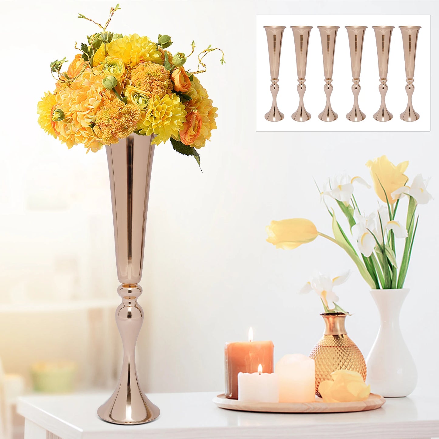 6Pcs Metal Trumpet Vases Desktop Metal Large and Tall Vases Flower Holder Gold Metal Flower Luxury Decoration Vase Centerpiece