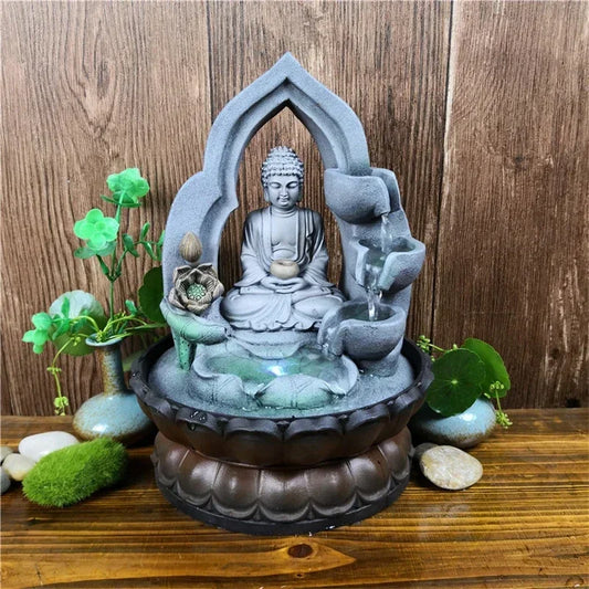 Indoor Air Humidifie Waterfall Fountain Office Tabletop Relaxation Fountain View with LED Light Lucky Feng Shui Buddha Statue