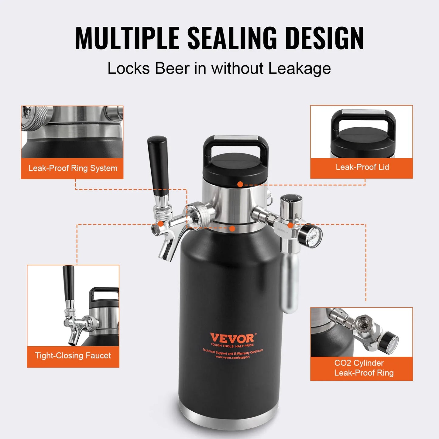 VEVOR Beer Growler Tap System 304 Stainless Steel with Pressure Display Leak-Proof Ring For Draft Homebrew Craft Beer