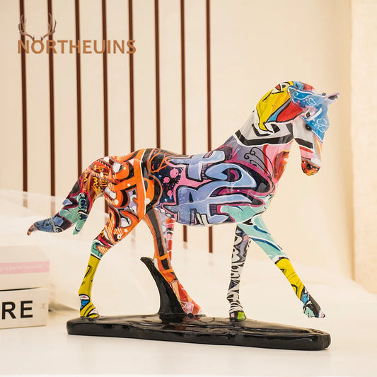 NORTHEUINS résine Graffiti Art cheval Figurines peint coloré Animal Statue maison salon bureau Feng Shui ornement décor