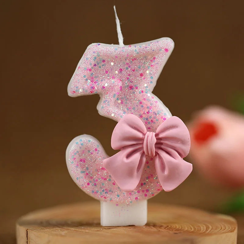 Pink 3D Number Cake Decorating Candles Cute Pink Bow Digital Candles Cake Topper Birthday Party Memorial Day Party Cake Decor