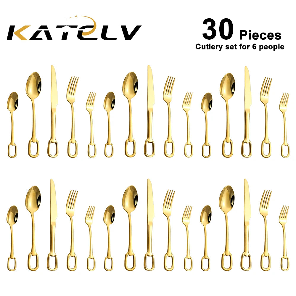 30Pcs Luxury Tableware Set 304 Stainless Steel Knife Fork Spoon Cutlery Set Elegant Dinnerware Set Creativity Hangable Design