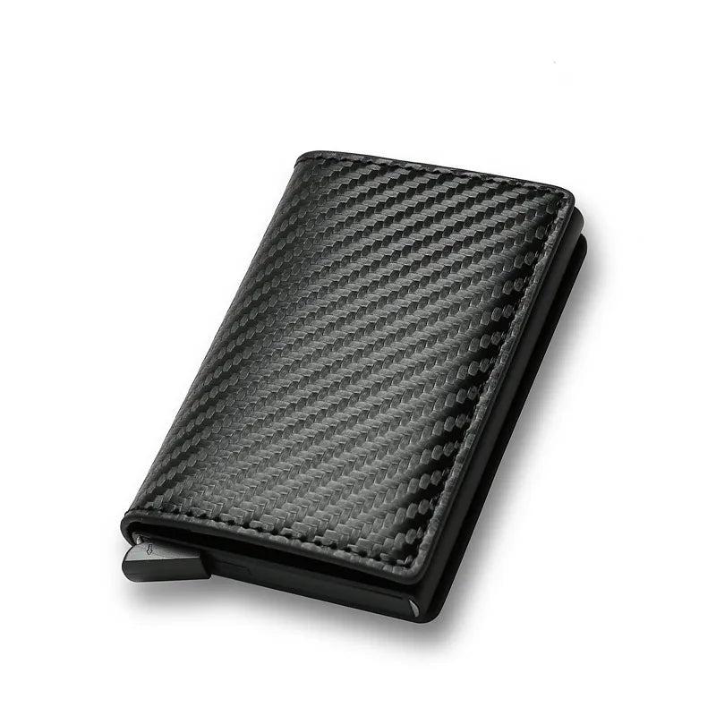 Cartera delgada de aluminio de fibra de carbono para hombre, portatarjetas de identificación, Mini billetera RFID, caja para tarjetas bancarias emergente automática, Vallet negro 2023