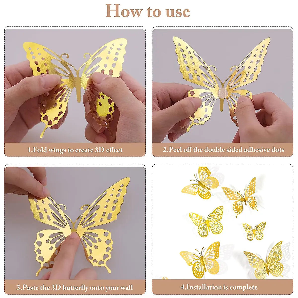 48pcs 3D Butterfly Wall Decor 4 Styles 3 Sizes, Gold Butterfly Decorations for Butterfly Birthday Party Cake Room Decorations