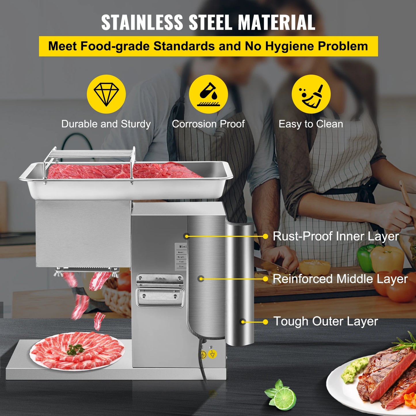 VEVOR 250Kg/H Electric Meat Slicer Stainless Steel 3mm Blades Meat Cutter Grinder Machine Auto Kitchen Home Appliance Commercial