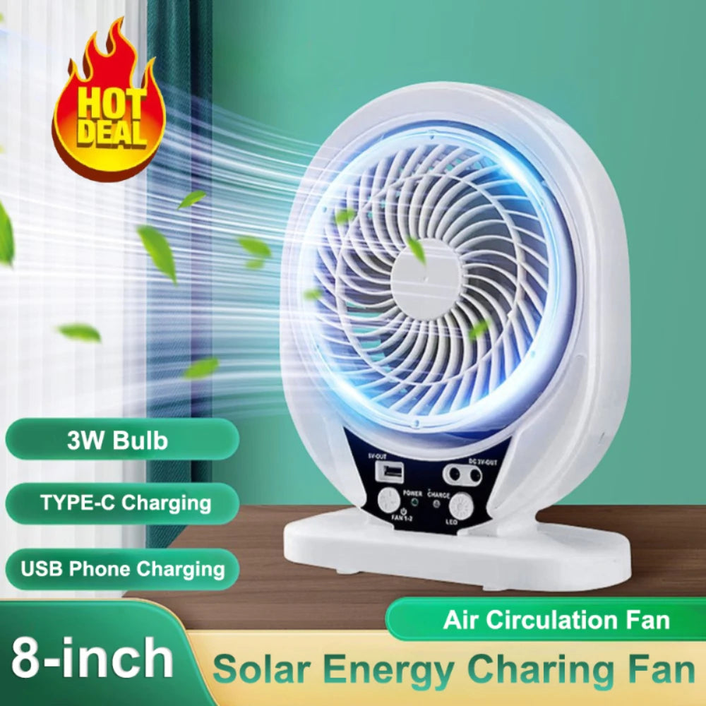 8 Inch Rechargeable Portable Mini Fan Multi-functional Solar Energy with Light Air Conditioner High Wind Power for Home Camping