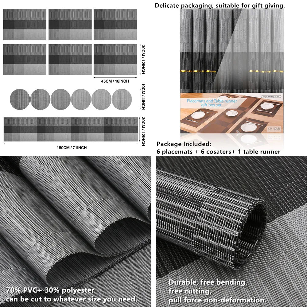 Lot de 6 chemins de table et sets de table en vinyle tissé pour table de cuisine, salle à manger, lavables, 1 chemin de table et 6 sets de table et 6 sous-verres