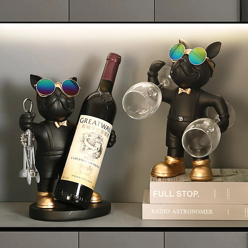 ERMAKOVA Bulldog Francés decoración estante de vinos soporte para vino perro mayordomo asiento para botella diseño estatua mesa decoración de resina escultura