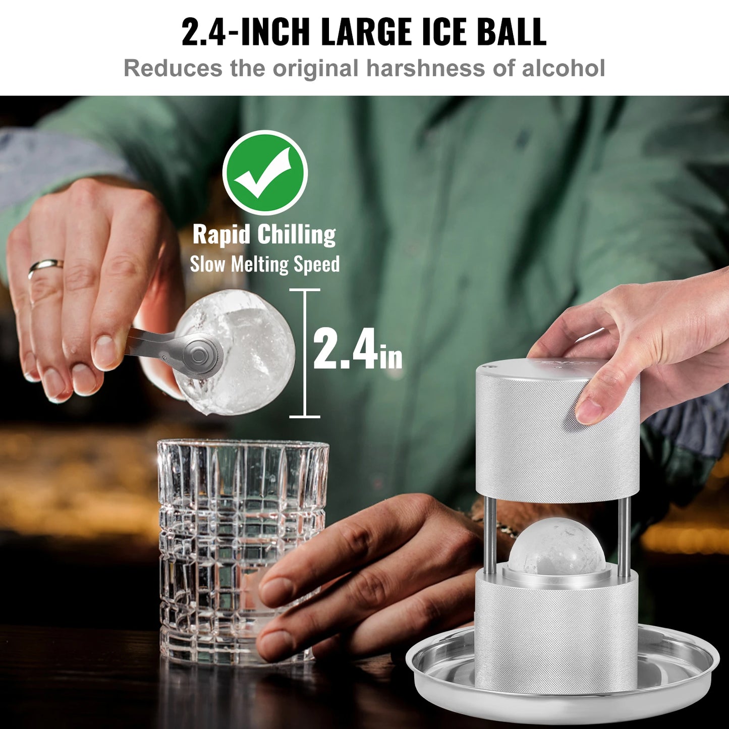 VEVOR 60mm Ice Ball Press Maker Spherical Whiskey Tray Mould Bubble-Free Making Mold DIY Crystal Ice Ball Box for Bar Cocktail