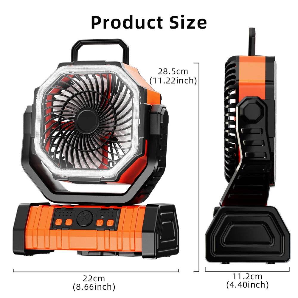 Ventilador con batería de 20000mAh, ventilador portátil recargable para escritorio/acampada con luz LED y gancho, ventilador para exteriores para tienda de campaña, viaje en coche