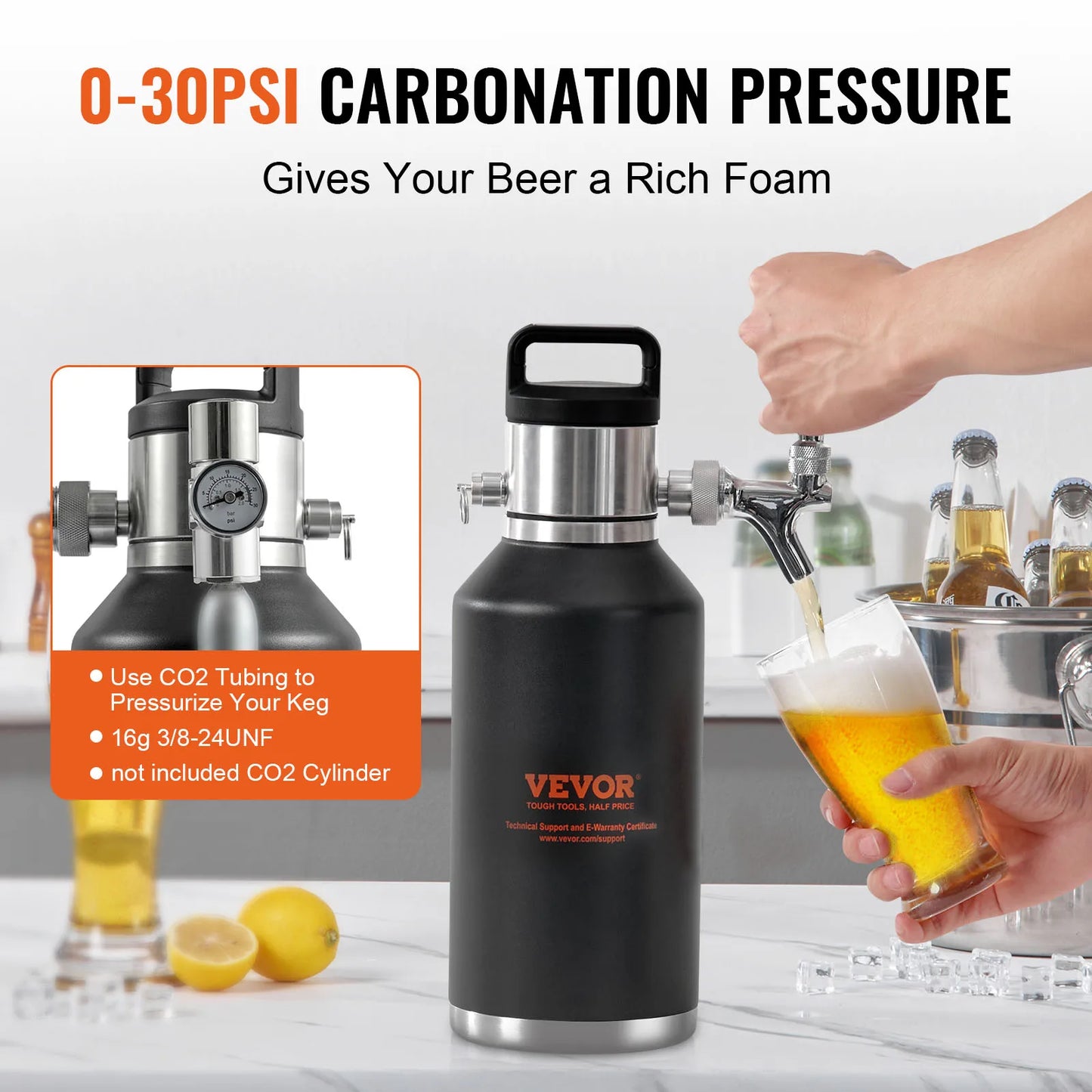 VEVOR Beer Growler Tap System 304 Stainless Steel with Pressure Display Leak-Proof Ring For Draft Homebrew Craft Beer