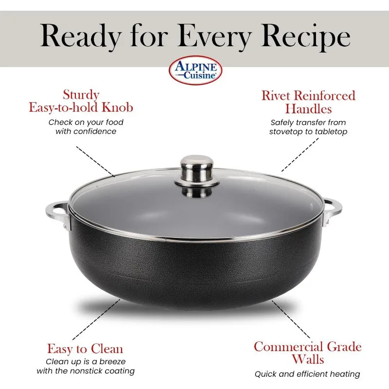 Alpine Cuisine 8 Piece Set Aluminum Non-Stick Caldero Stock Pot with Glass Lid, Commercial Grade Cooking Dutch Oven