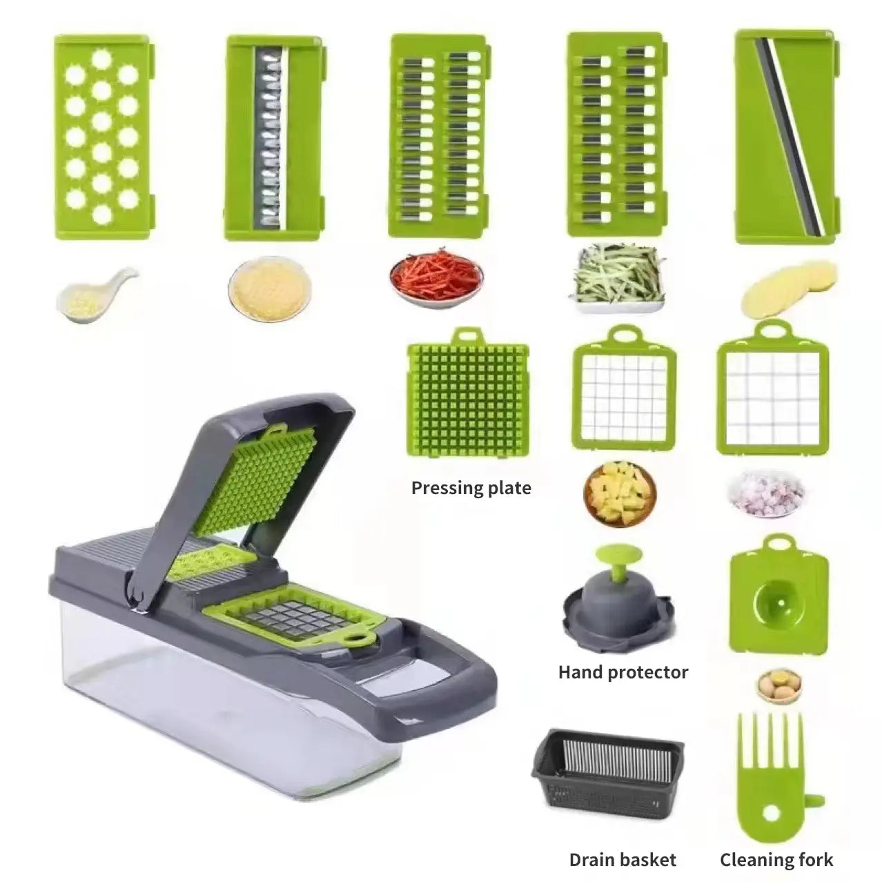 Trancheur de légumes multifonctionnel 12 en 1, vert noir, broyeur avec panier, hachoir à fruits, pommes de terre, râpe à carottes, 1 pièce