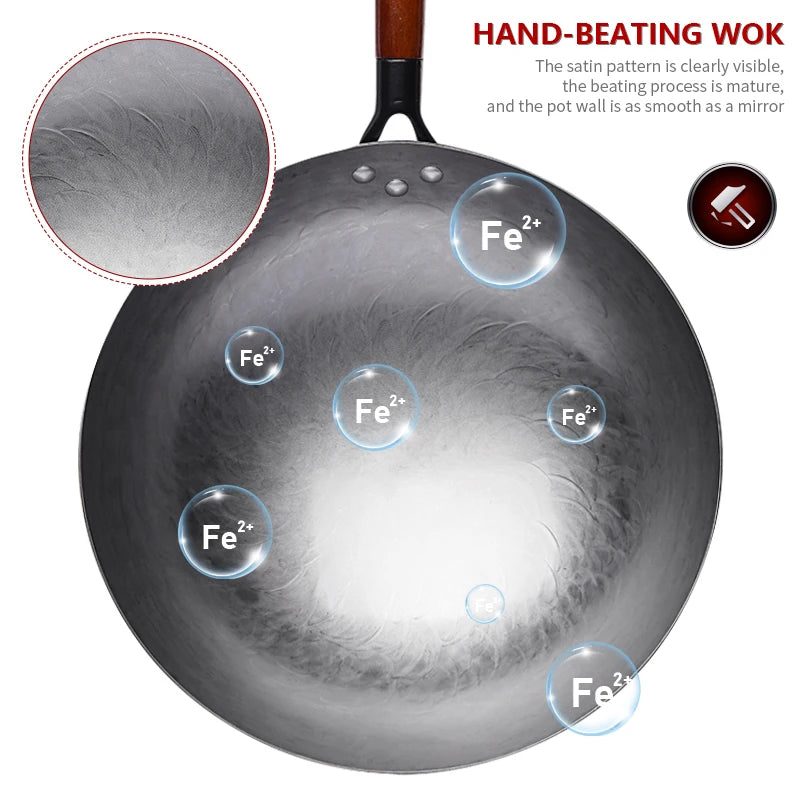 Wok traditionnel en fer, Woks sans revêtement forgés à la main pour poêle de cuisine, poignée en bois, Wok à gaz, ustensiles de cuisine