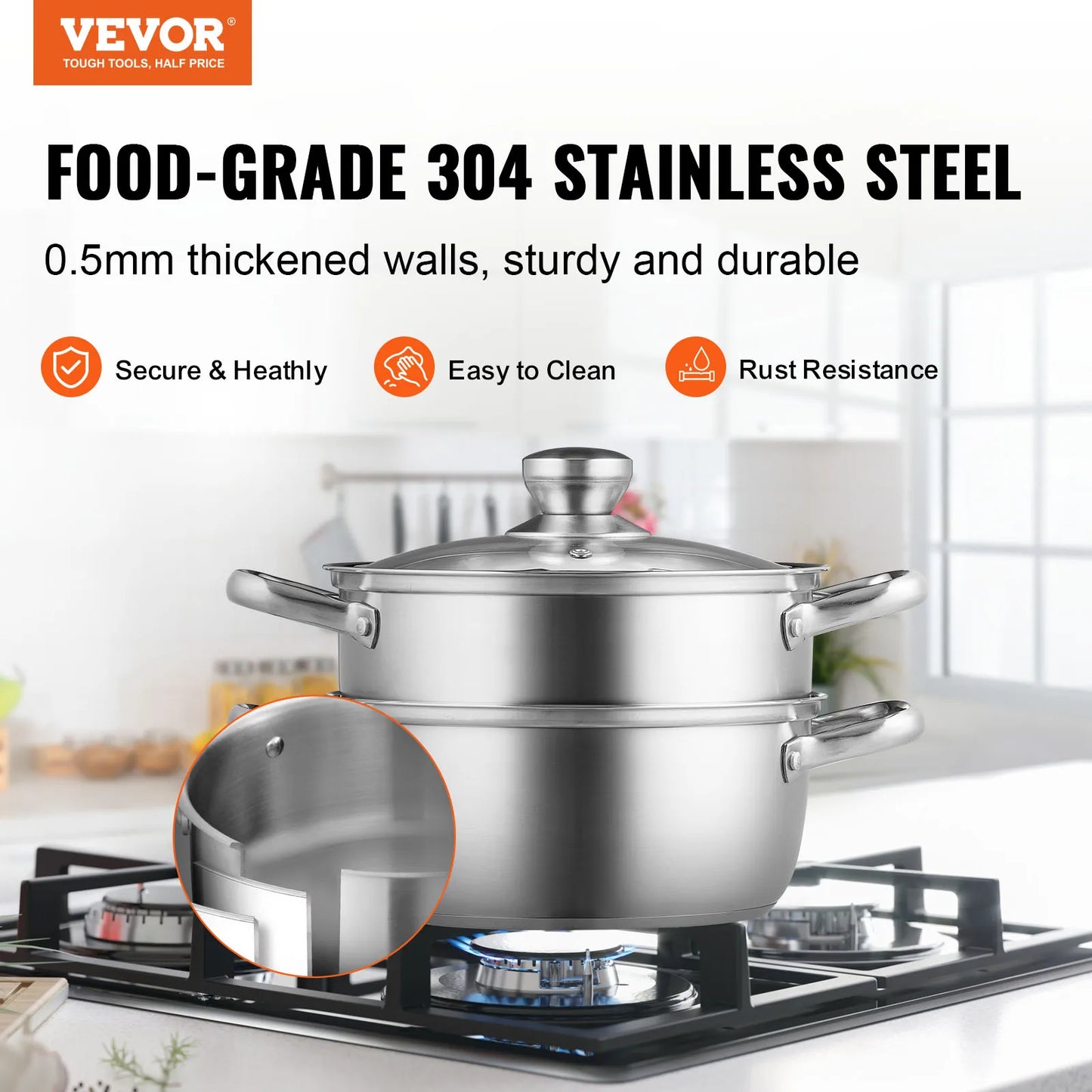 VEVOR Steamer Pot 9.5in/24cm Steamer Pot for Cooking with 5QT Stock Pot and Food-Grade 304 Stainless Steel Food Steamer