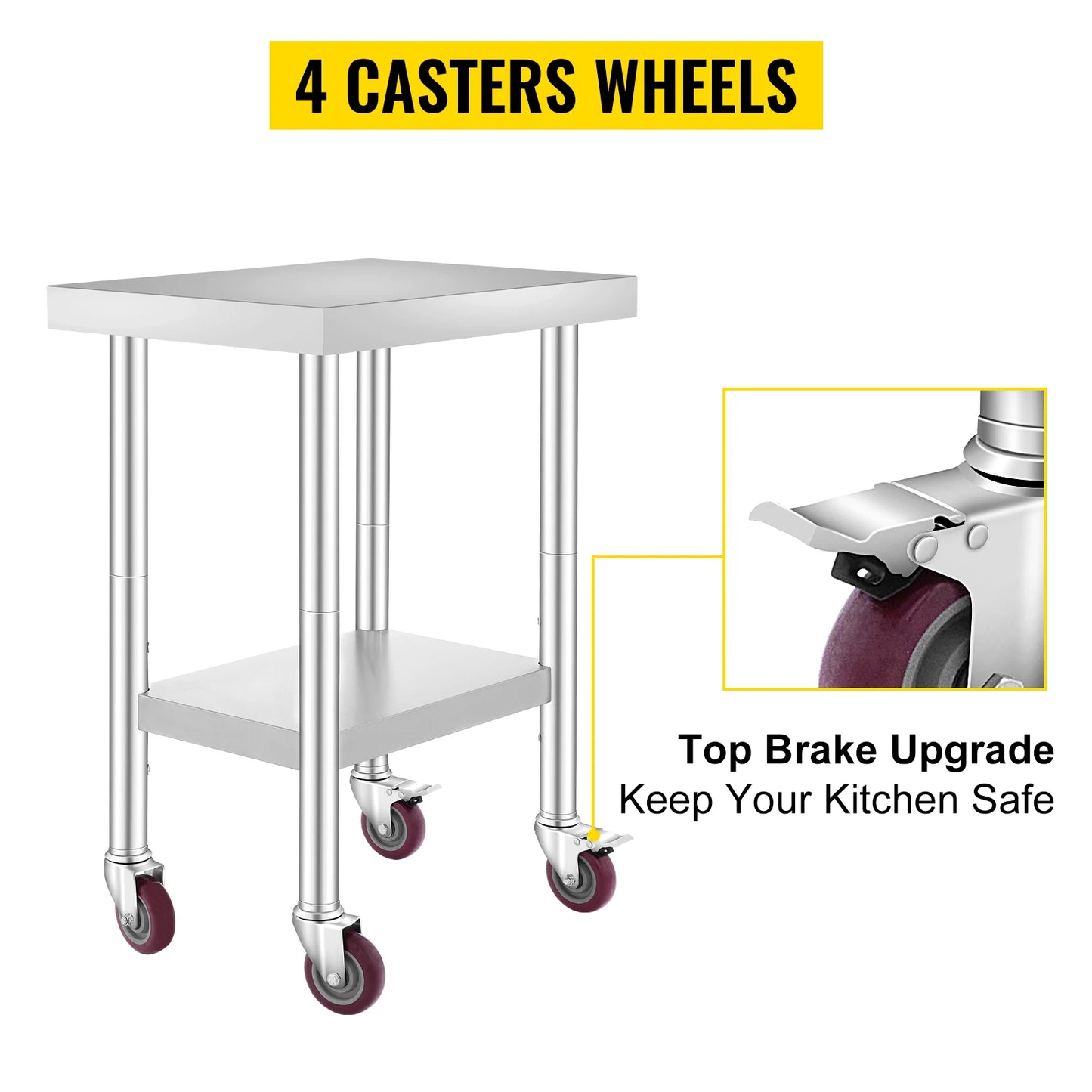 VEVOR – Table de travail de cuisine en acier inoxydable, étagères, banc de travail Commercial avec roulettes, pour le stockage à domicile et au Restaurant