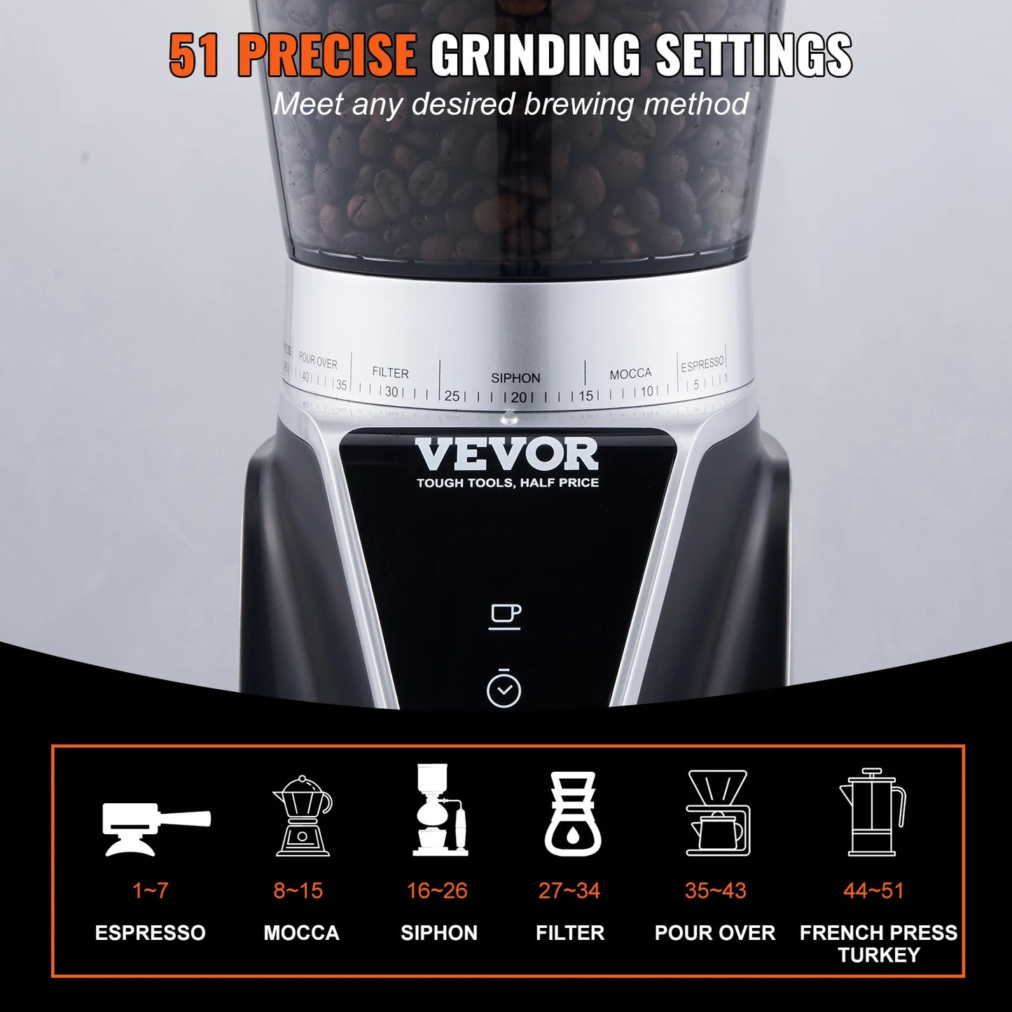 VEVOR 40MM Conical Burr Grind Setting Coffe Bean Electric Grinder Mocha Espresso Adjustment Coffee Machine for Home and Kitchen