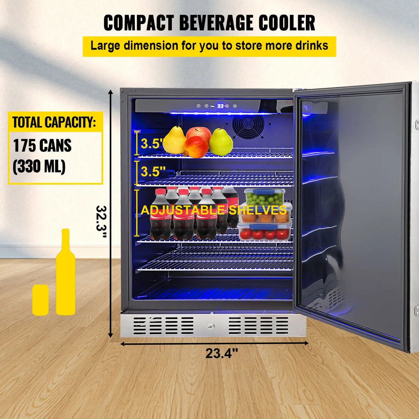 VEVOR 150L Refrigerator Built-in Under Counter 5.3 cu.ft. Stainless Steel Beverage Cooler for Restaurant Bar Cafe Cooling Drink