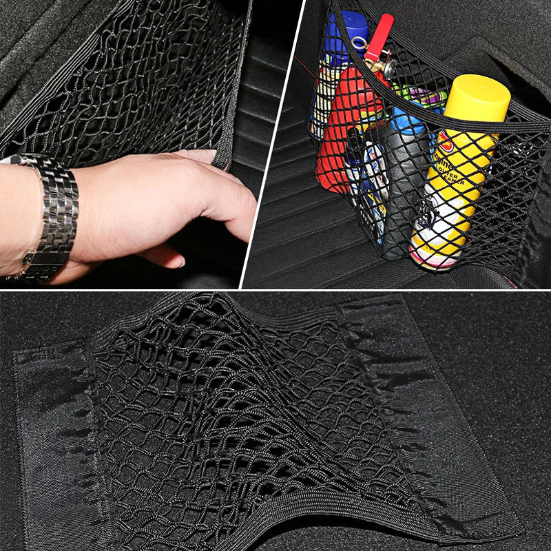 Filet à cordes élastiques pour siège de coffre arrière de voiture, autocollant magique, sac de rangement universel, Cage de poche, organisateur automatique, sac arrière de siège