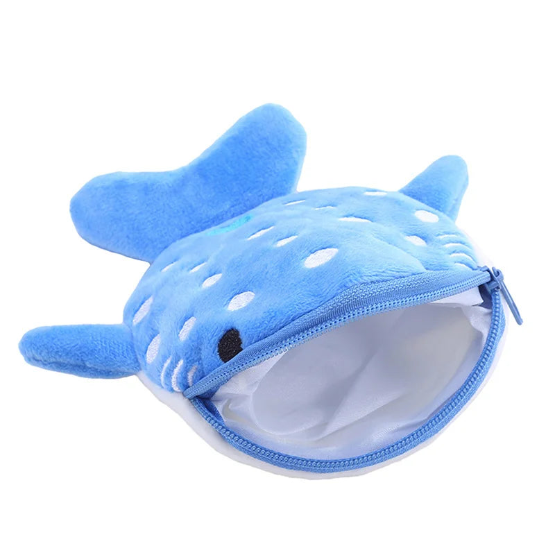 Monedero con bonito dibujo de ballena y tiburón, billetera Kawaii, monedero de felpa portátil, organizador de monedas para auriculares, bolsa con cremallera, regalo para niños