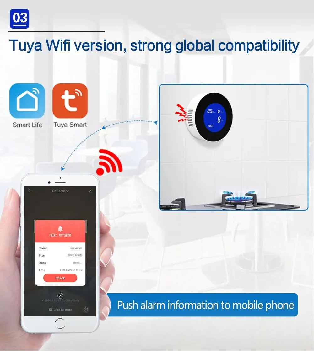 Tuya WiFi inteligente Detector de fugas de Gas Natural Monitor de alarma Digital LCD pantalla de temperatura Sensor de Gas para la cocina del hogar